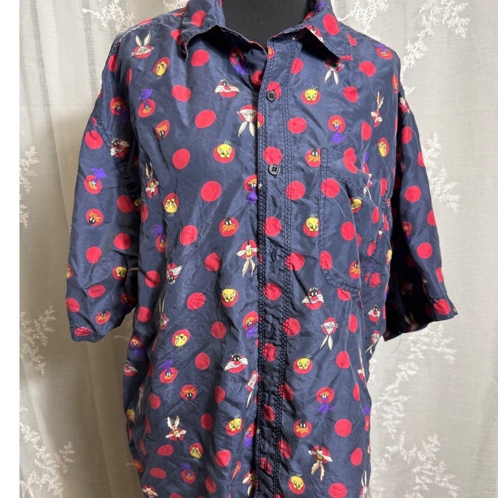 90s Vintage ABC Looney Tunes 100% Washed Silk Top Polka Dot Bugs Tweety Large